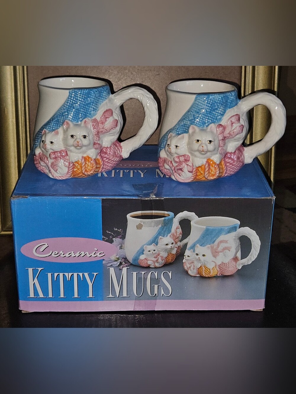 Set of 2 Vintage Ceramic 3D "Kitty Kitty" Coffee Mugs made by PMC
